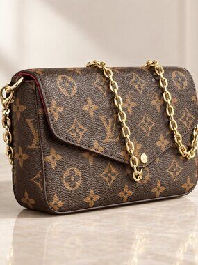 Brown Monogram Chain Shoulder Bag Gold Hardware Red Interior